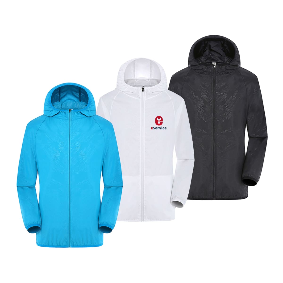 Three hooded jackets are displayed: one blue, one white featuring a red and black eService logo, and one black. They are arranged side by side, showcasing their front view.