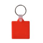 A red square keychain with a silver metal ring attached at the top center. The design is simple and solid in color.