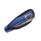 A blue zippered pouch partially open to reveal a stainless steel fork and spoon inside, with a black trim around the edges. The image is taken from a top angle showcasing the inside contents.