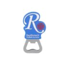 A blue and silver bottle opener with a large letter R and red dot design. Text reads RayBiotech, The protein array pioneer in white.