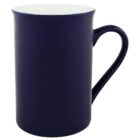 A dark blue ceramic mug with a large rounded handle on its right side, set against a plain white background. The mug is tall and simple in design.