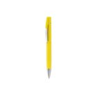 A yellow pen with a silver clip is centered on a white background. The pen has a sleek, modern design with a metallic tip.