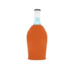 A bottle with a blue liquid is covered by an orange neoprene sleeve or koozie, leaving only the bottles neck and cap visible. The sleeve provides insulation for the beverage. The background is white.