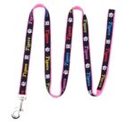 A colorful pet leash with Tigers written in various colors and white paw prints on a black background. The edges are pink, and it has a metal clip attached.
