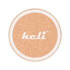 A round cork coaster with a white circular border and the word heli in white lowercase letters at the center.