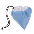 A blue and white drawstring bag with a black cord and a toggle for tightening. The bag is cinched at the top, and the bottom forms a pointed shape.