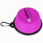 Collapsible pink pet bowl with Vethem logo, attached to a black carabiner.