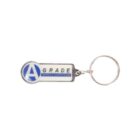 A rectangular keychain with a silver ring, featuring the letter A in blue. The words GRADE PAINTERS & GLASS REPAIRS are printed on a gray background.