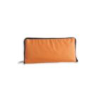 A rectangular orange pencil case with a black zipper running along its top edge is displayed against a white background. The zipper is slightly open on one side, revealing a glimpse of the inside.