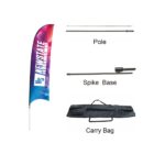 A feather flag with a colorful gradient design and the text NS Newstate stands upright. Next to it are labeled parts: a pole, spike base, and a carry bag.