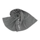 A crumpled gray fabric with a subtle checkered pattern, featuring the logo of Viavito. The fabric appears soft and lightweight, suitable for use as a cooling towel or sports accessory.