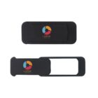 Two black rectangular webcam covers are shown. One is closed, and the other is open, revealing a white space for the camera lens. Both feature a colorful abstract logo and the text Lorem underneath.
