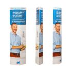 A vertical advertising stand displays a man in a light blue shirt holding a cardboard tube. The text promotes a financial plan related to cash benefits. The logo at the bottom features a star symbol.