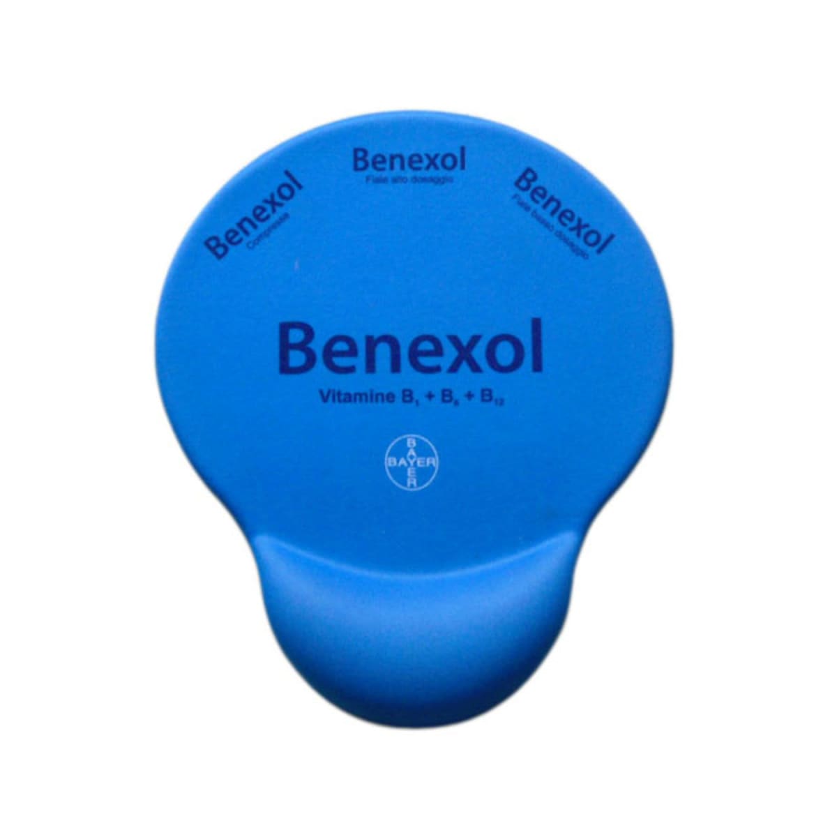 A blue, rounded Benexol container lid with the brand logo and the text Vitamine B₁ + B₆ + B₁₂ displayed prominently. The lid design features a small grip area at the bottom.