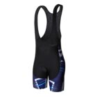 Cycling bib shorts with black mesh straps and a design featuring blue and white geometric patterns on the legs. The lower part has a padded section, suitable for long-distance cycling.