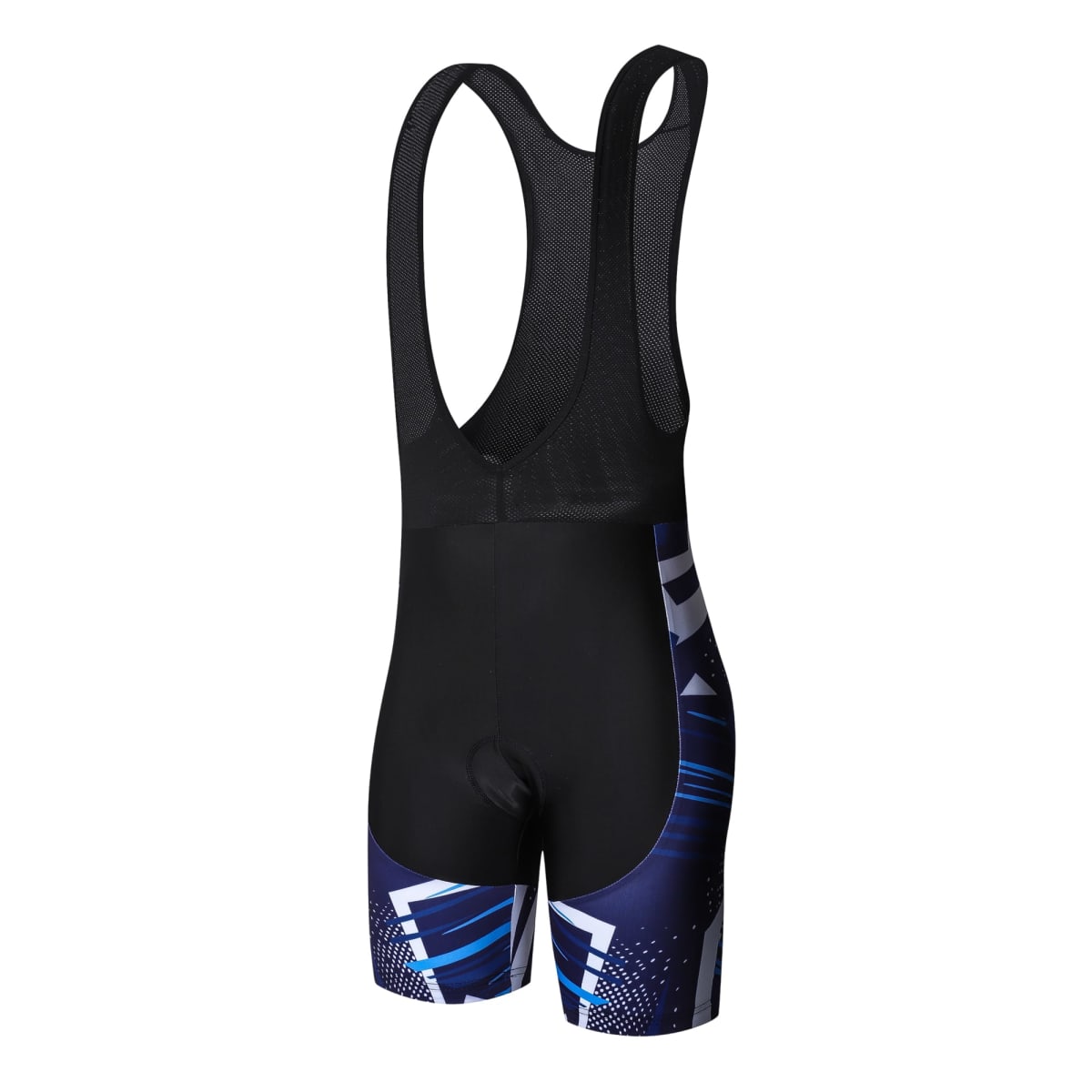Cycling bib shorts with black mesh straps and a design featuring blue and white geometric patterns on the legs. The lower part has a padded section, suitable for long-distance cycling.