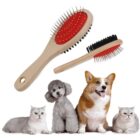 Two pet grooming brushes with red and black bristles, featuring wooden handles. Below them, a group of four pets: a fluffy grey cat, a poodle, a corgi, and another fluffy grey cat, all sitting in a row.