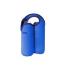 Blue neoprene bottle carrier with two compartments and a handle, designed to hold two bottles. The brand Built is printed in dark blue on the side.