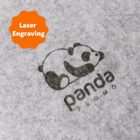 Gray textured fabric with a laser-engraved panda logo and the words panda promo. An orange badge above reads Laser Engraving.