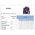 Product information for a mens long sleeve cycling jersey. The chart displays measurements for sizes S to 4XL, including shoulder width, chest width, sleeve length, total front length, and total back length. Image of the jersey on the right.