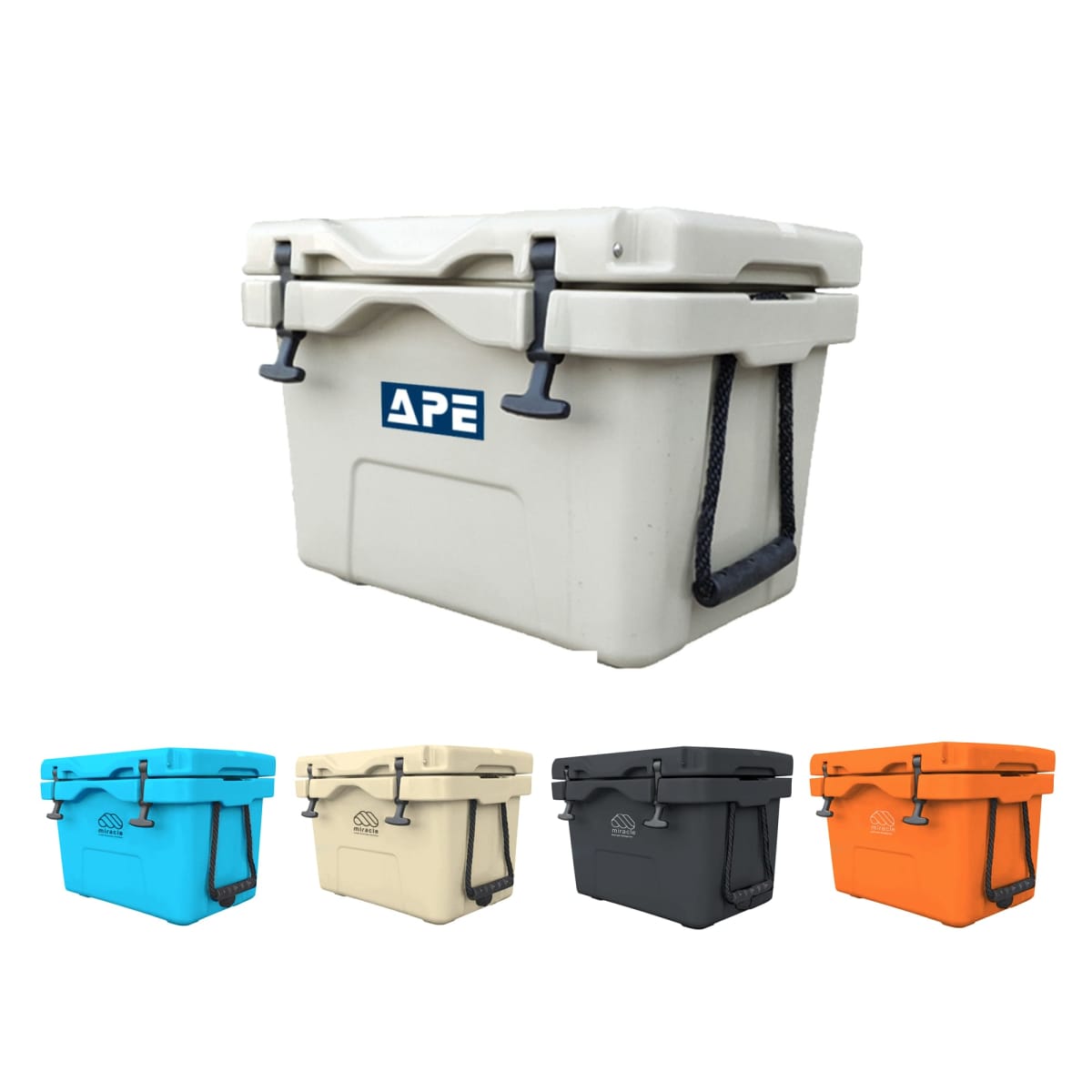A group of five coolers in different colors: one large beige cooler labeled APE and four smaller coolers in blue, sand, black, and orange. All have sturdy latches and rope handles.