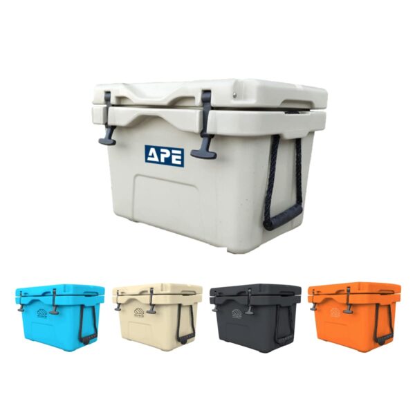 A set of five coolers in different colors: white, blue, beige, black, and orange. The main white cooler is larger with a visible brand logo, while the others are smaller and aligned in a row below. Each has sturdy latches and rope handles.