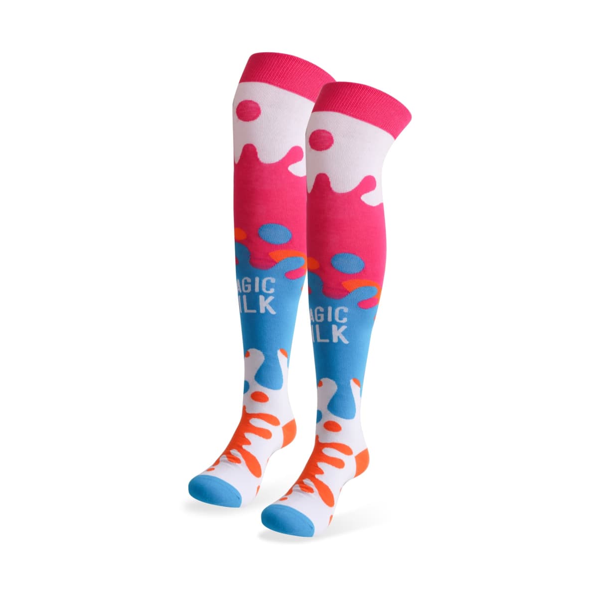 Colorful knee-high socks with a vibrant design, featuring pink tops with white splashes, transitioning to blue with colorful dots and the words MAGIC WALK in white. The toe and heel areas are blue and orange.