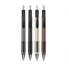 Four retractable ballpoint pens are shown in a vertical row. The pens have sleek barrels in four different colors: gray, black, gold, and brown. Each pen has a black grip area and a click mechanism at the top.