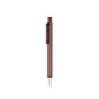 A sleek, brown metallic pen is centered on a white background. The pen features a retractable tip and a black clip on its side for easy attachment.