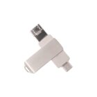 A dual USB flash drive with both standard and micro USB connectors, featuring a metallic finish and a sleek, compact design. It has a small loop for attaching to a keychain.