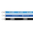 Three lanyards with metal clips are shown. The top lanyard is blue with onventis logos. The middle lanyard is blue with big-direkt.de and BIG direkt gesund logos. The bottom lanyard is black with four interlocking rings.