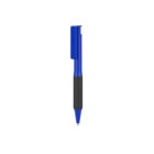 A blue pen with a black grip and a clip, isolated on a white background.