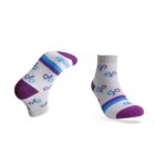 Two white socks featuring blue and purple infinity symbols and blue text. The socks have purple toes and heels, with a purple stripe near the top. One sock is upright, while the other is tilted to show the sole.
