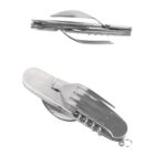 A multifunctional silver pocket tool is shown in two views. The top view displays it folded, featuring a spoon and fork. The bottom view shows it unfolded, displaying various tools, including a fork, knife, and corkscrew.