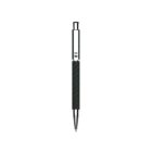A ballpoint pen with a dark textured grip and chrome accents is centered on a white background. The pen features a retractable mechanism and a clip on the cap.