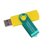 A yellow USB flash drive with a teal swivel cover, labeled Courtenay Gardens Primary School.