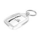Clear keychain with a rectangular frame displaying the text Military Police and an illustration of a helmet. Attached to a circular metal keyring.
