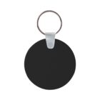 A round, black keychain with a metal ring and a translucent connector. The design is simple and minimalistic.