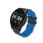 A digital smartwatch with a round black face displaying time, steps, distance, and calories. The watch has a perforated blue and black strap with a silver buckle.