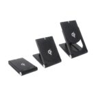 Three black Qi wireless charging stands are displayed at different angles: fully folded, partially opened, and fully opened. Each stand has the Qi logo on the front and a sleek design suitable for holding mobile devices.