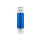 A blue USB flash drive with transparent caps on both ends is shown standing upright against a white background.