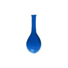 A blue, long-necked vase with a bulbous base against a plain white background.