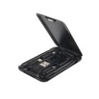 A compact, black travel case is open, revealing several USB connectors and cables neatly arranged inside. The case has a sleek design, suitable for organizing electronic accessories.