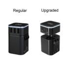 Two black charging adapters side by side labeled Regular and Upgraded. The regular version has three USB slots. The upgraded version shows a detachable top with additional features and two USB slots. Both have retractable plugs on the side.
