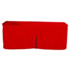 A long red tablecloth draped over a rectangular table, extending to the floor with a vertical seam at the center front.