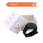 Black smartwatch with a round face next to an open white box displaying its packaging. The box has an illustration of the watch and a label indicating customization options. An orange arrow labeled Packaging is at the top.