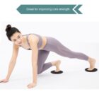 A person in athletic wear is performing a core exercise using sliding discs. They are in a plank position, extending one leg back. A text overlay reads Great for improving core strength.