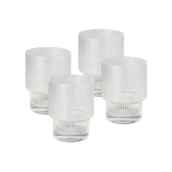 Four Alva Glass Tumblers Ribbed, featuring a modern textured design with vertical grooves, are displayed on a white background, adding elegance to any table setting.