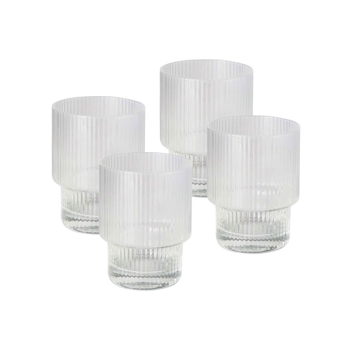 Four Alva Glass Tumblers Ribbed, featuring a modern textured design with vertical grooves, are displayed on a white background, adding elegance to any table setting.