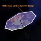 A purple umbrella with a unicorn design and the words magical time. The umbrella features a reflective brim, highlighted by the text Reflective umbrella brim design. The handle is black with a curved end.